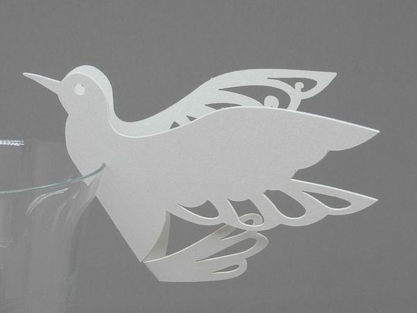 Birdy Namenskarte / Glastopper Taube, weiss, 14,5 x 7,5 cm