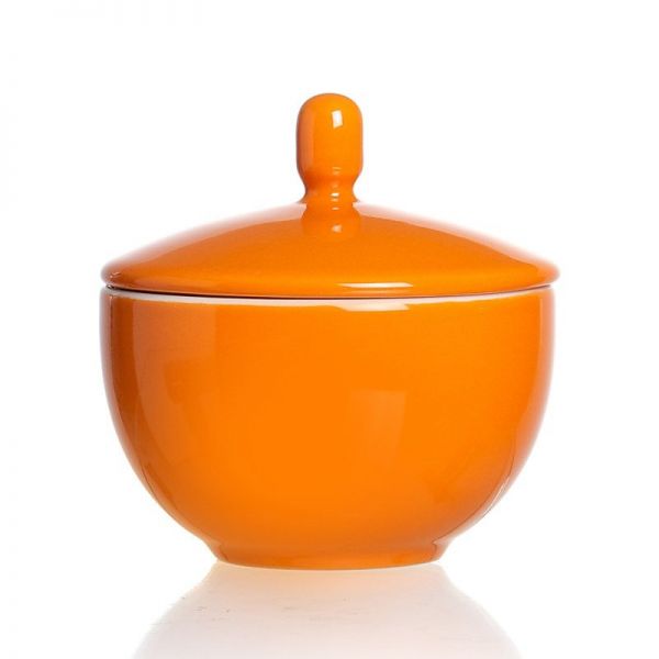 Farbenfroh Porzellan-Zuckerdose mit Deckel, außen orange, innen weiß