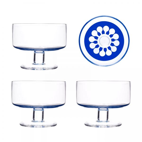 Retro 2er Set Glas-Dessertschalen, Blume blau