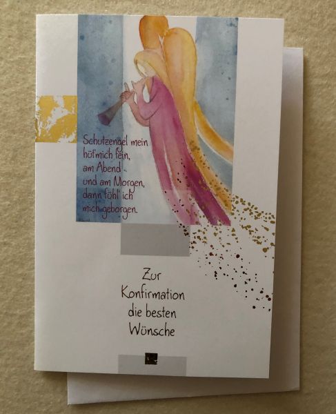 Konfirmation Doppelkarte hellblau-rosa-gelb, Motiv Engel mit Flöte