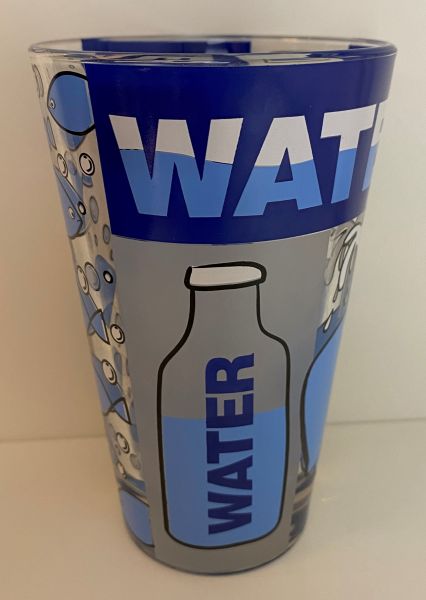 Trinkglas &quot;Water&quot;, blau-weiß, D 8 cm, H 12,5 cm