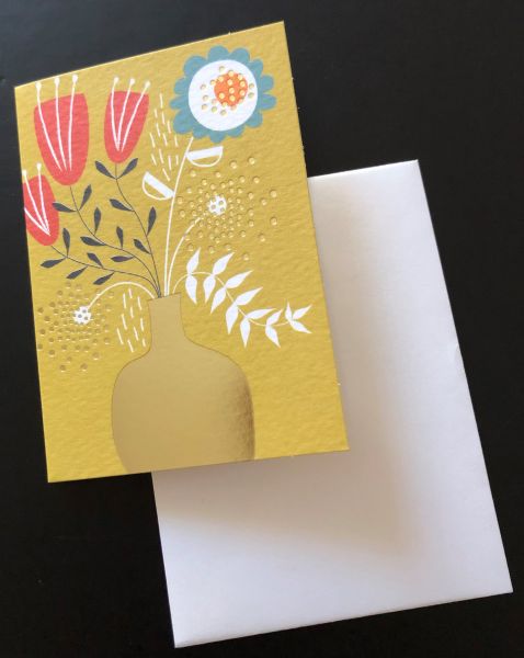 Mini-Doppelkarte Blumenvase retro gold-mustard